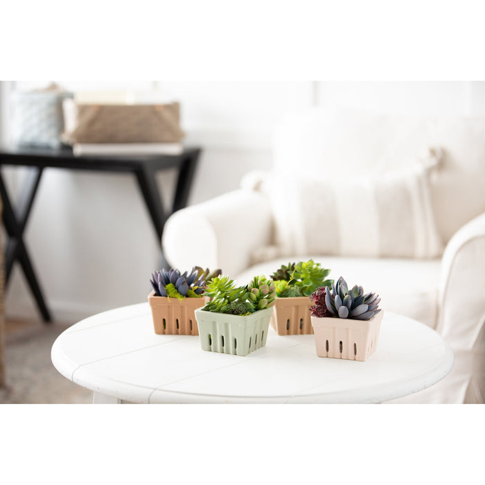 Beige, Terracotta, Light Pink & Light Green Stoneware Berry Basket Set