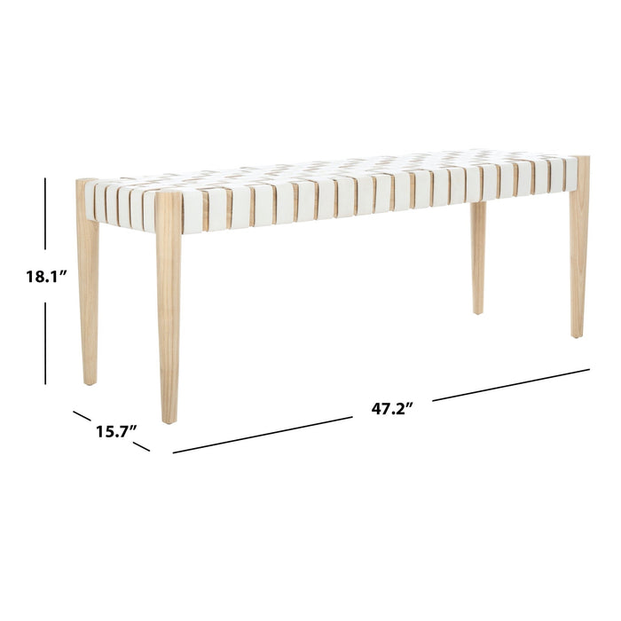 Light Oak Amalia Off White Leather Weave Bench