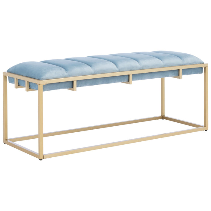 Slate Blue Velvet & Gold Thalam Channel Tufted Bench