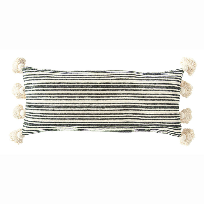 Black & White Striped Chenille Woven Lumbar Pillow with Tassels
