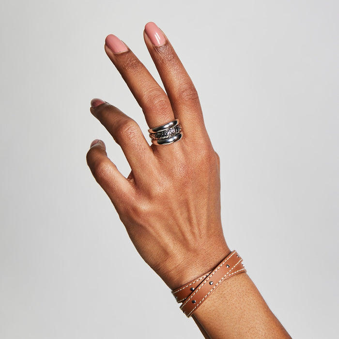 Tan Double Wrap Leather Bracelet with Contrast Stitching