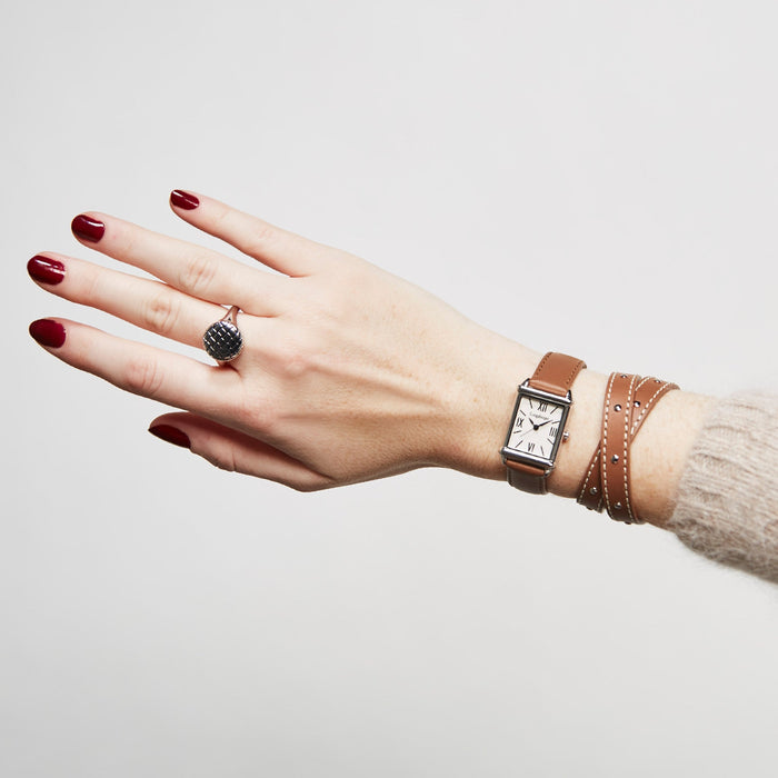 Tan Double Wrap Leather Bracelet with Contrast Stitching