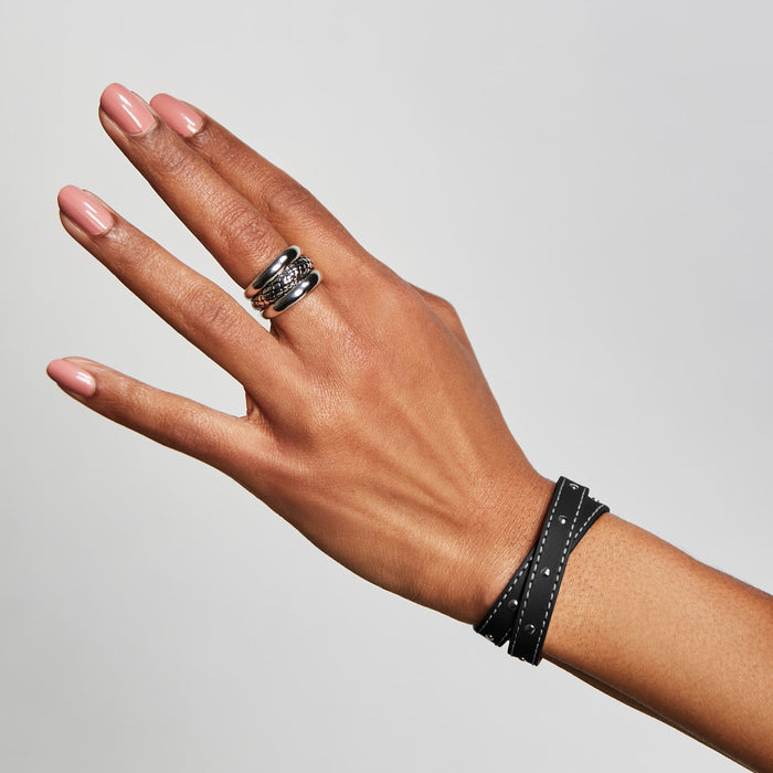 Black Double Wrap Leather Bracelet with Contrast Stitching