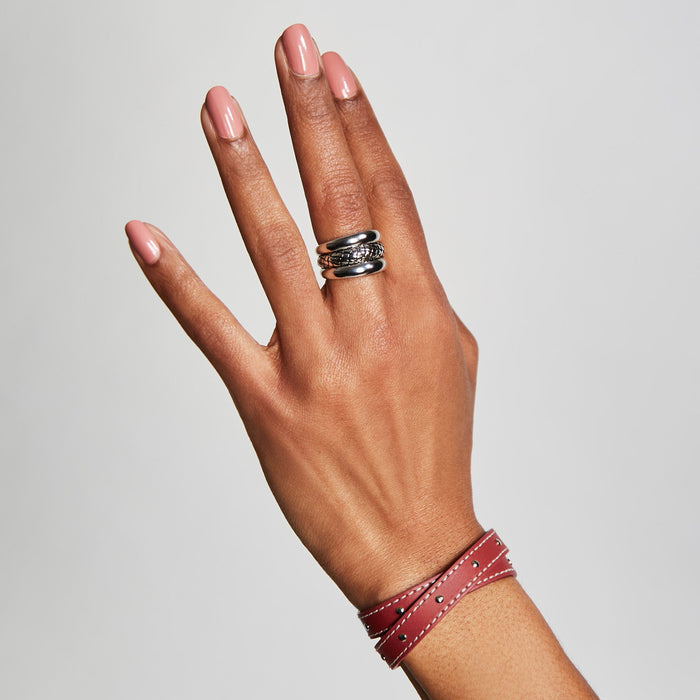 Red Double Wrap Leather Bracelet with Contrast Stitching