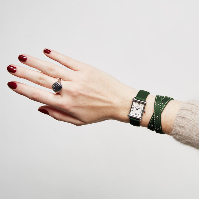 Green Double Wrap Leather Bracelet with Contrast Stitching