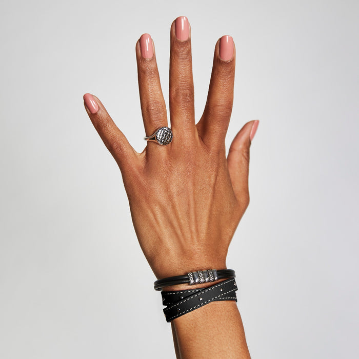 Black Double Wrap Leather Bracelet with Contrast Stitching