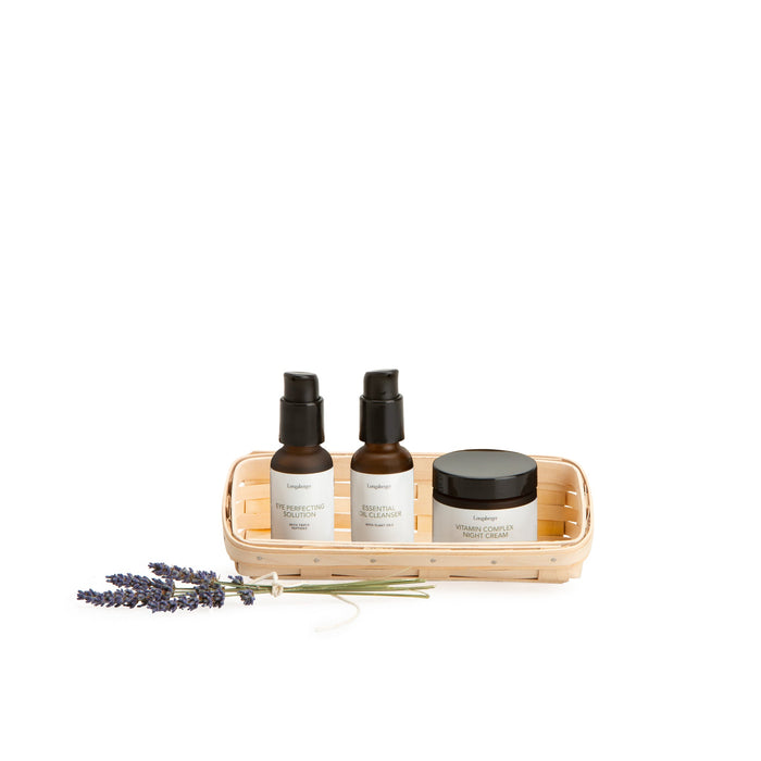 Whitewashed Small Skin Care Basket Set with Free Protector & Essential Skin Night Kit