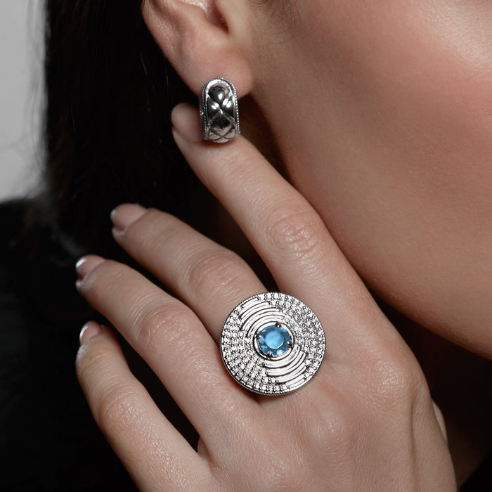 Max Round Ring with Swiss Blue Topaz and Diamonds