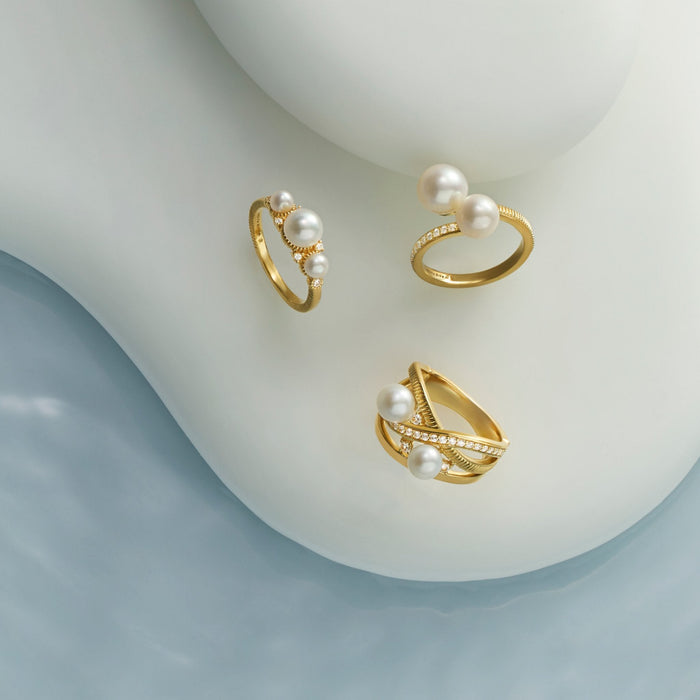 Shima Band Ring with Freshwater Pearls and Diamonds in 18K