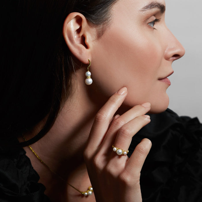 Shima Double Drop Earrings with Freshwater Pearls and Diamonds in 18K